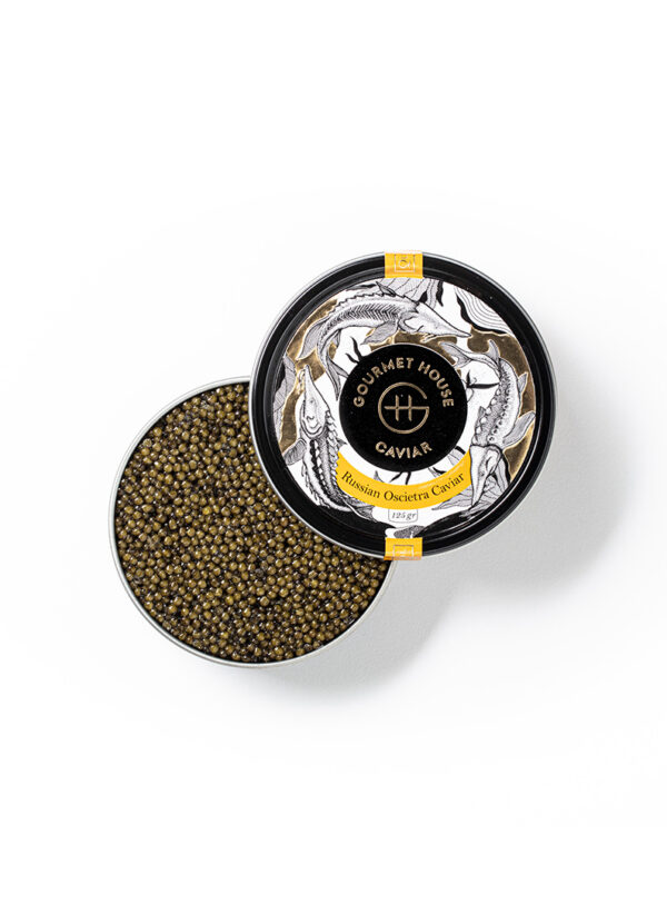 Russian Oscietra Caviar originated from the Caspian sea. The colour ranges from brown and grey,  to grey and yellow. The sizes varies from medium to large eggs, with a smooth a velvety texture along with a pleasant aroma of the sea. The Oscietra offers rich and complex flavours that truly define the original Caspian sea caviar.