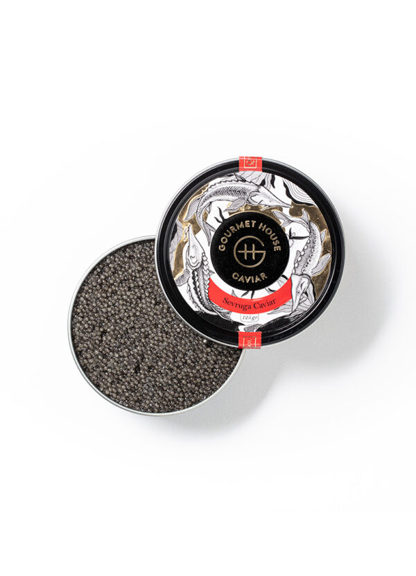 Sevruga Caviar appears grey to black with typically small eggs. Matching the flavours and quality of the famous Caspian Cavair, the eggs melt in your mouth leaving a memorable aftertaste.